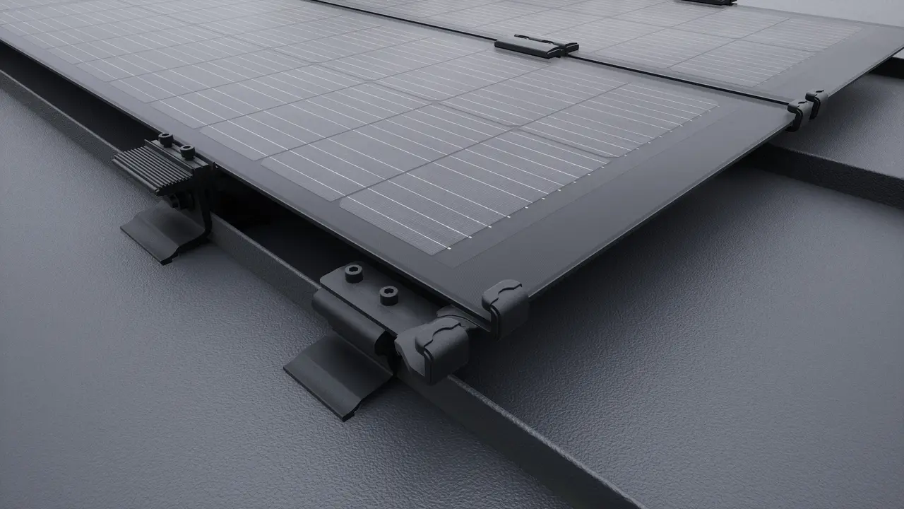  Nahaufnahme eines PREFALZ-Solarmoduls mit schwarzer Antirutsch-Modulschutzfolie. Die Module sind direkt auf den Falzflächen des PREFALZ-Dachsystems montiert.