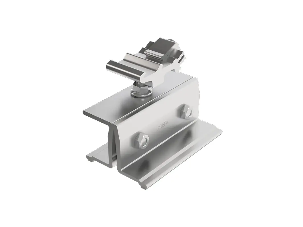 Der PREFA Solarhalter PREVARIO PREFALZ zur sicheren Befestigung von Photovoltaikanlagen auf PREFA Stehfalzdächern.